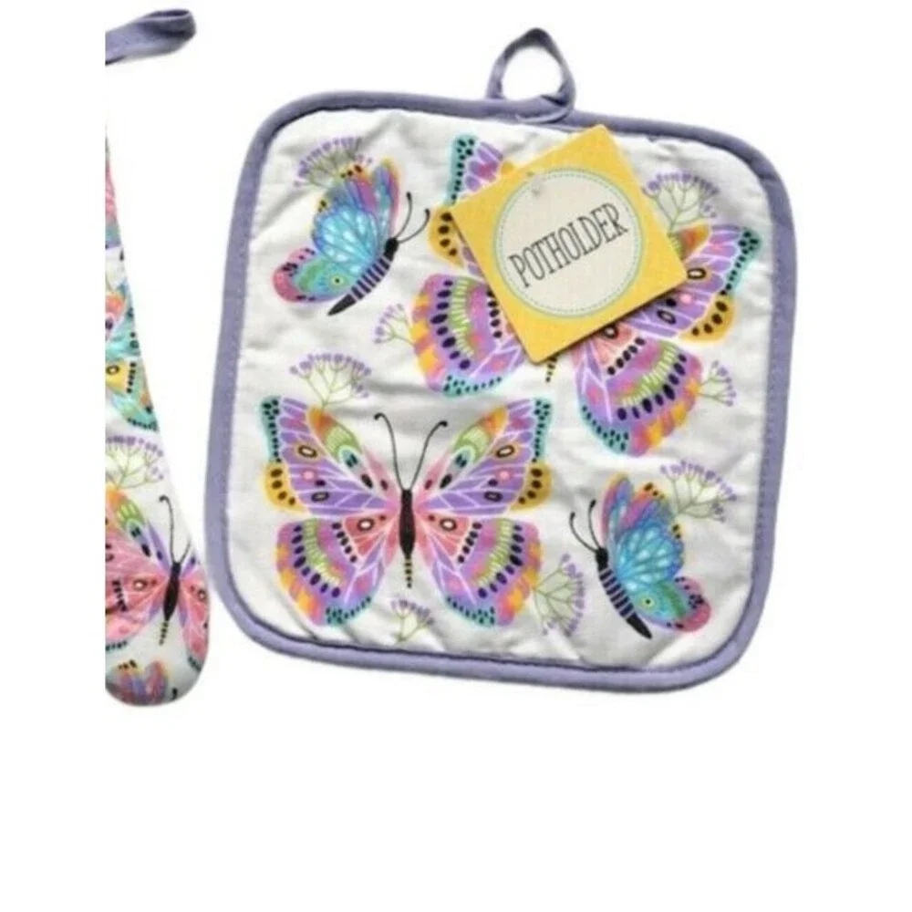 Spring Butterflies Butterfly Cotton 2-Piece Potholder Oven Mitt Set Colorful
